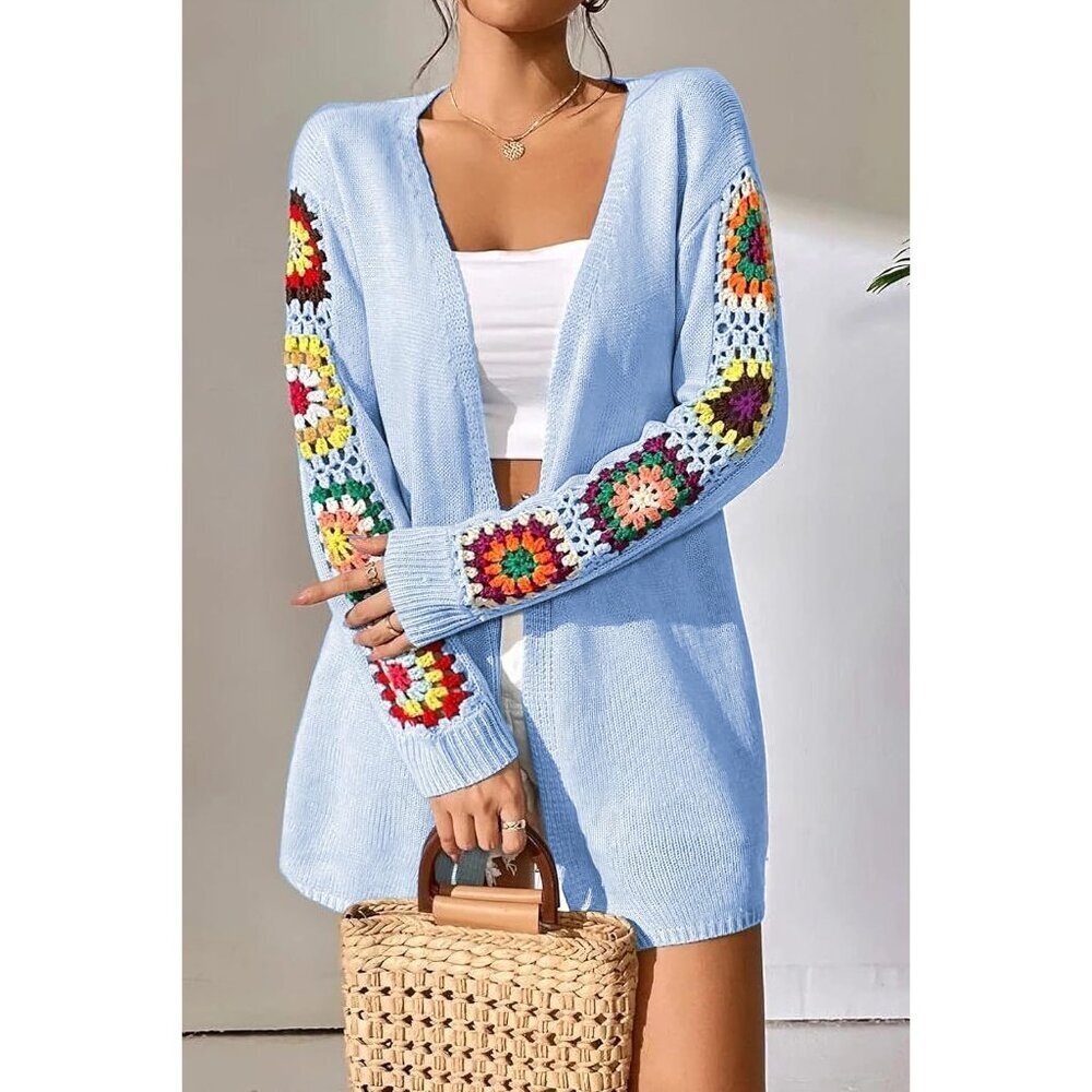 Boho Floral Crochet Cardigan Women Long Sleeve Knit Sweater Casual Warm - Picture 3 of 5